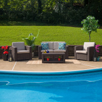 Flash Furniture DAD-SF-112T-CBN-GG 4 Piece Outdoor Faux Rattan Chair, Loveseat and Table Set in Chocolate Brown 